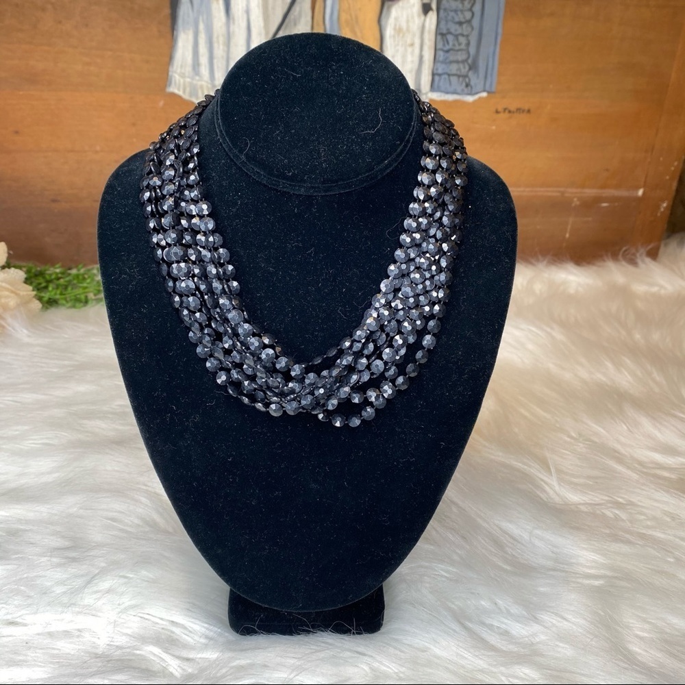 Vintage Black & Silver Multi Strand Short Beaded Costume Necklace With Box Clasp